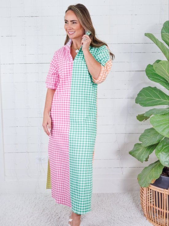 Adrienne Dresses & Skirts - NEW SHEIN Collared Midi Dress - Multi-Colored Pastels Seersucker Gingham XL